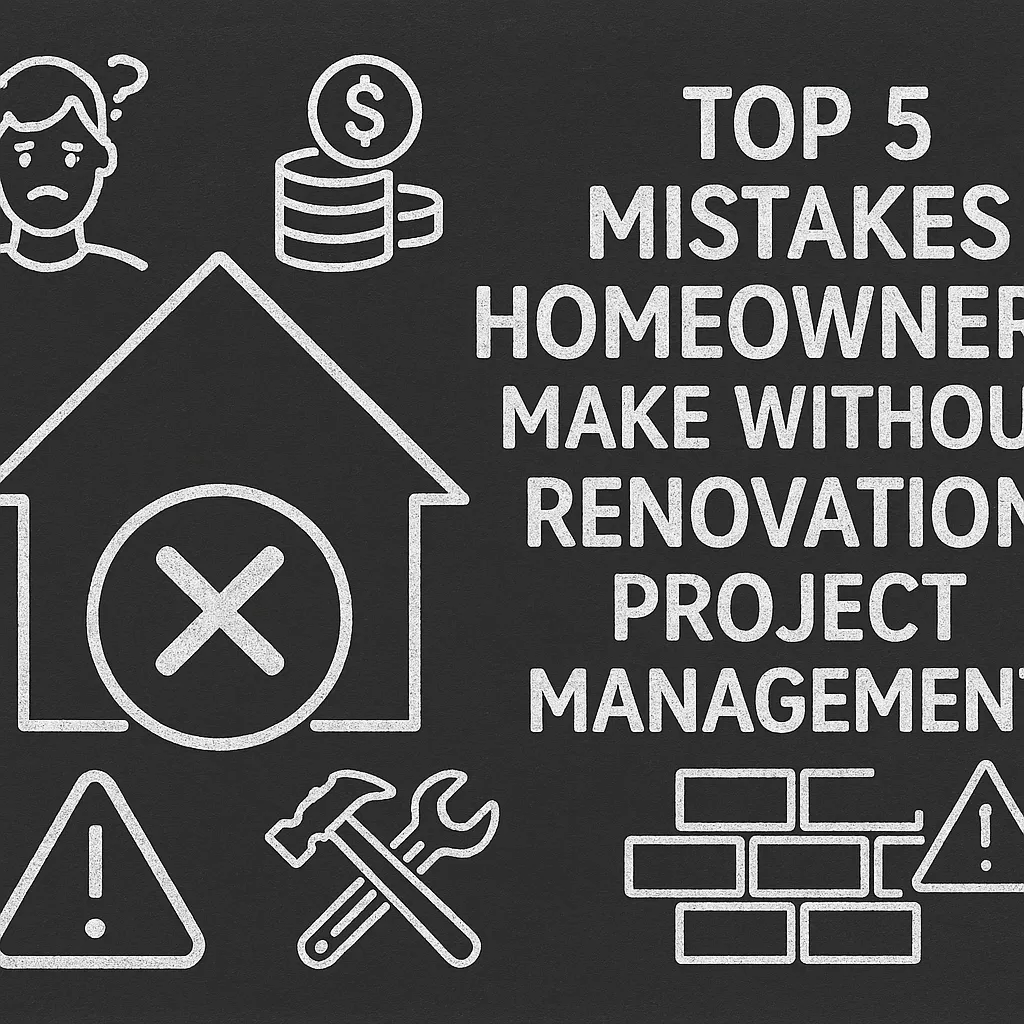 A chalk-style illustration on a charcoal background showing the title “Top 5 Mistakes Homeowners Make Without Renovation Project Management.” The graphic features a large house icon with an “X” in the center, surrounded by simple white line drawings of a worried homeowner, dollar coins, tools, bricks, and warning symbols—representing common pitfalls like stress, budget issues, poor planning, and construction risks.